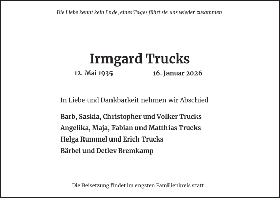 Traueranzeige von Irmgard Trucks von HA Regio Norderstedt