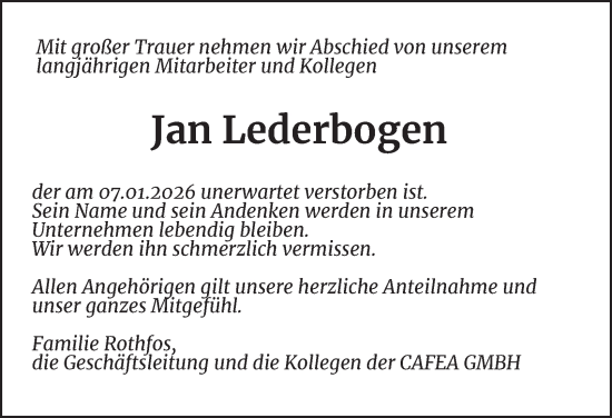 Traueranzeige von Jan Lederbogen von Hamburger Abendblatt