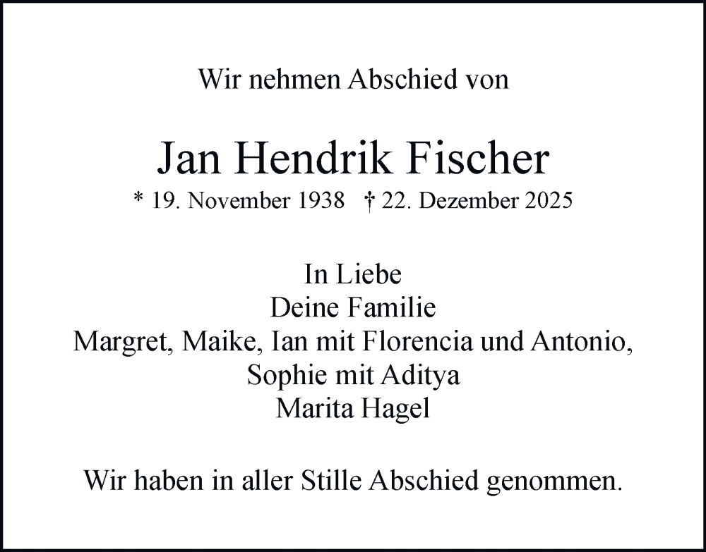  Traueranzeige für Jan Hendrik Fischer vom 24.01.2026 aus Hamburger Abendblatt