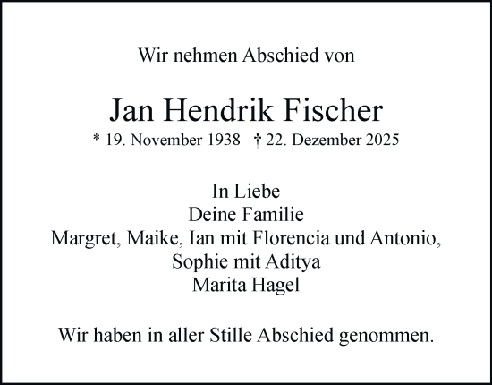 Traueranzeige von Jan Hendrik Fischer von Hamburger Abendblatt