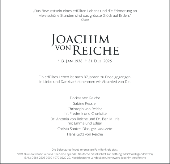 Traueranzeige von Joachim von Reiche von Hamburger Abendblatt