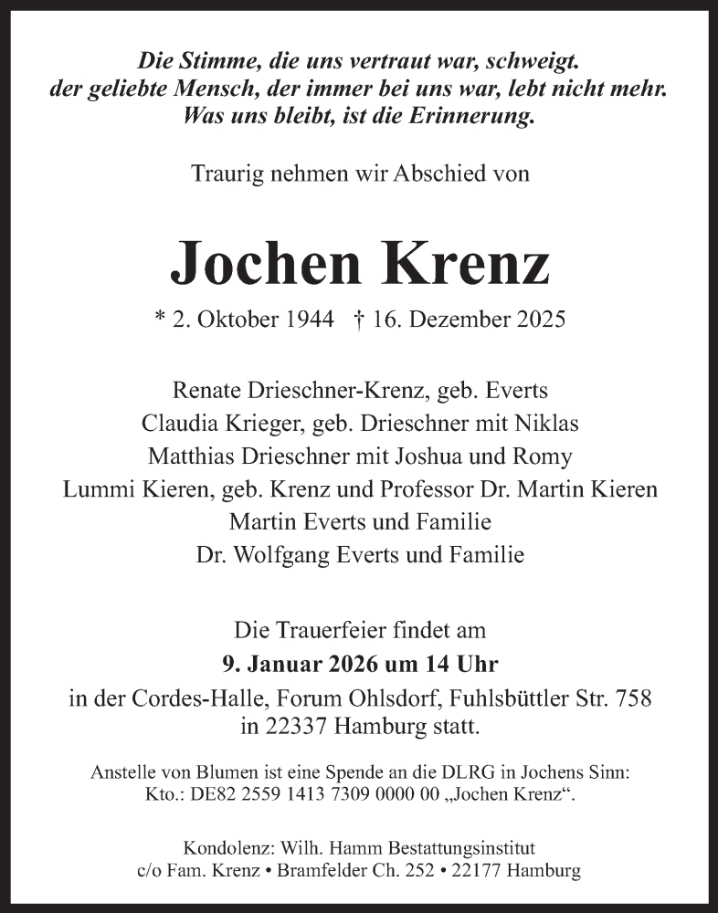  Traueranzeige für Jochen Krenz vom 03.01.2026 aus Hamburger Abendblatt