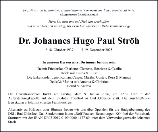 Traueranzeige von Johannes Hugo Paul Ströh von Hamburger Abendblatt
