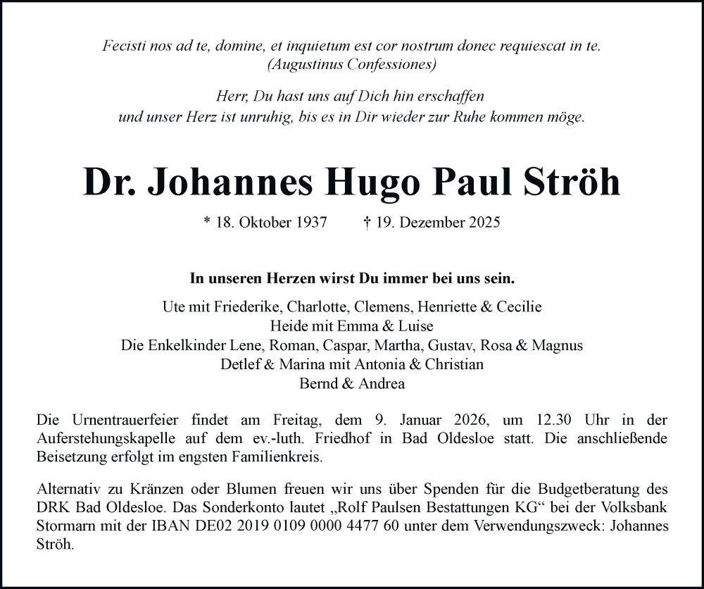  Traueranzeige für Johannes Hugo Paul Ströh vom 03.01.2026 aus Hamburger Abendblatt
