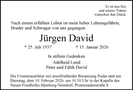 Traueranzeige von Jürgen David 