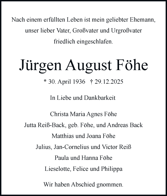 Traueranzeige von Jürgen August Föhe von Hamburger Abendblatt