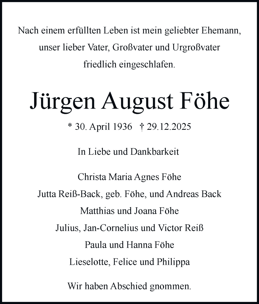  Traueranzeige für Jürgen August Föhe vom 17.01.2026 aus Hamburger Abendblatt