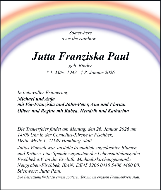 Traueranzeige von Jutta Franziska Paul 