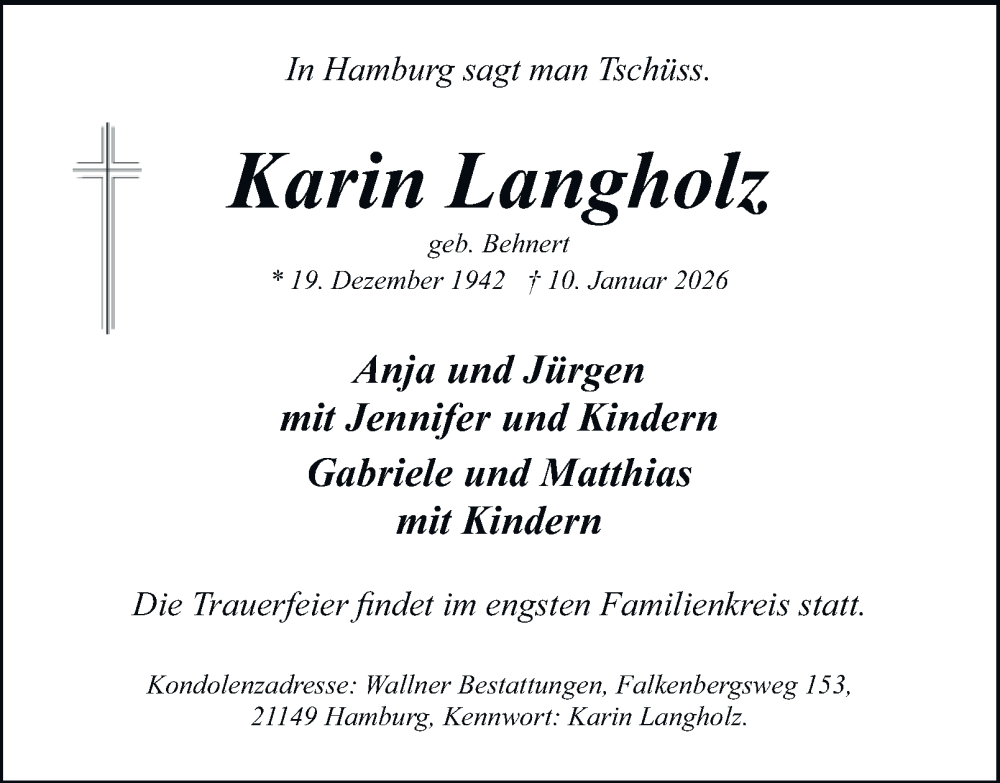  Traueranzeige für Karin Langholz vom 24.01.2026 aus 