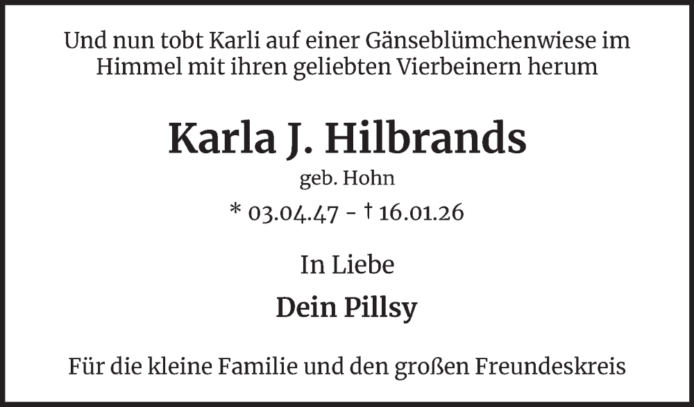  Traueranzeige für Karla J. Hilbrands vom 24.01.2026 aus Hamburger Abendblatt