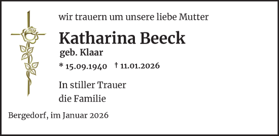 Traueranzeige von Katharina Beeck 