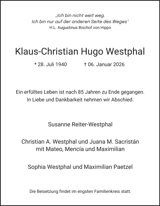 Traueranzeige von Klaus-Christian Hugo Westphal von Hamburger Abendblatt