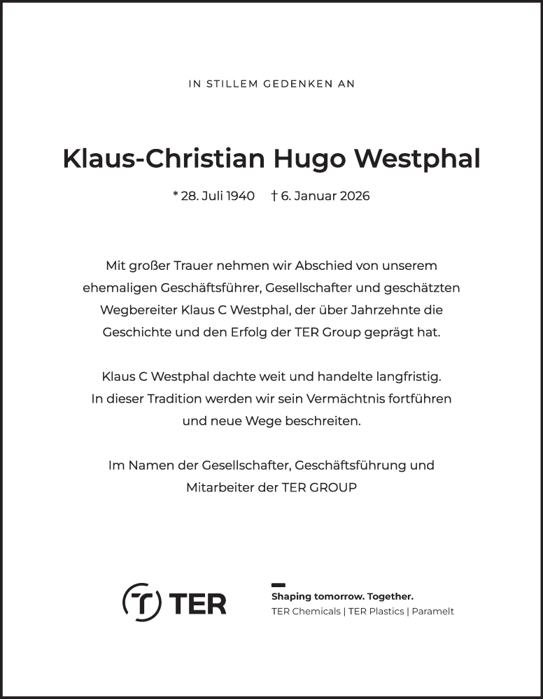  Traueranzeige für Klaus-Christian Hugo Westphal vom 24.01.2026 aus Hamburger Abendblatt