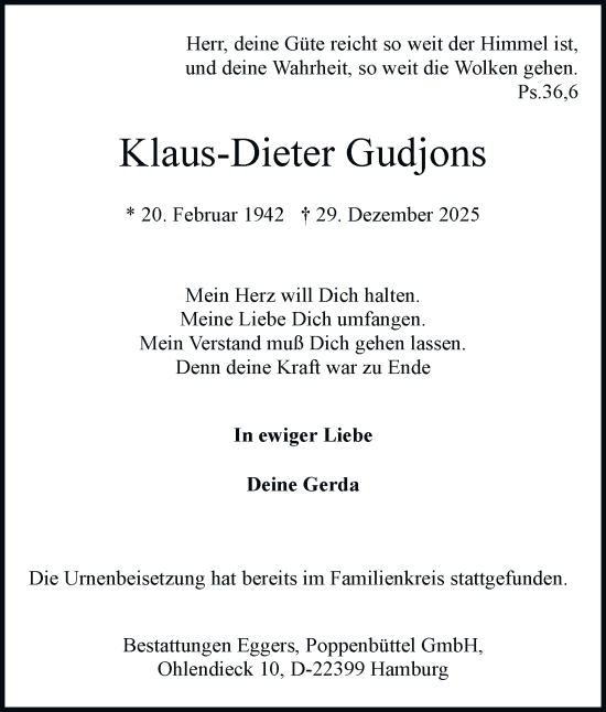 Traueranzeige von Klaus-Dieter Gudjons von Hamburger Abendblatt