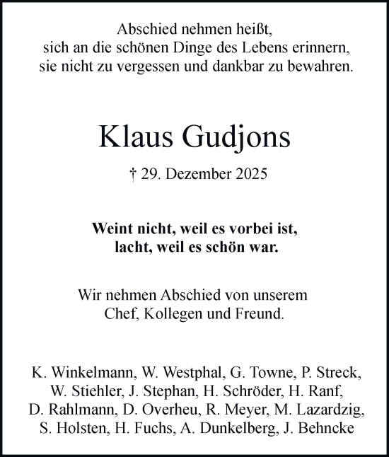Traueranzeige von Klaus Gudjons von Hamburger Abendblatt