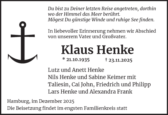 Traueranzeige von Klaus Henke von Hamburger Abendblatt