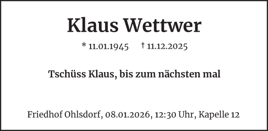 Traueranzeige von Klaus Wettwer von Hamburger Abendblatt