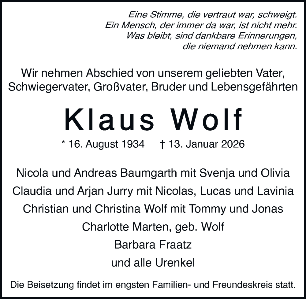  Traueranzeige für Klaus Wolf vom 24.01.2026 aus Hamburger Abendblatt