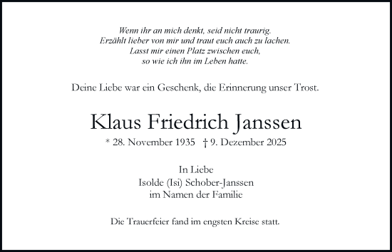 Traueranzeige von Klaus Friedrich Janssen von Hamburger Abendblatt