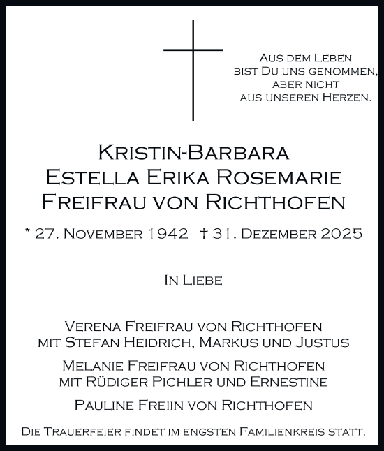 Traueranzeige von Kristin-Barbara Estella Erika Rosemarie Freifrau von Richthofen von Hamburger Abendblatt