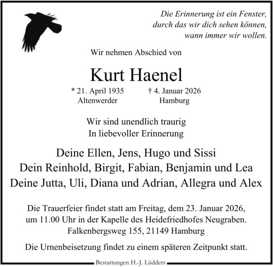 Traueranzeige von Kurt Haenel 