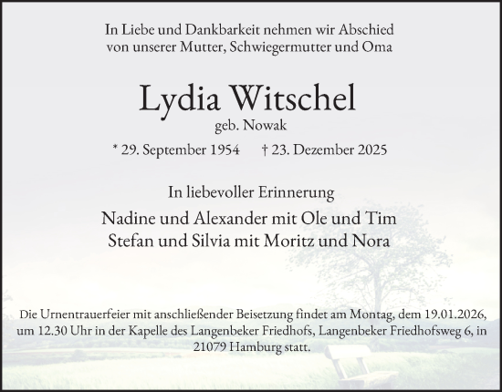 Traueranzeige von Lydia Witschel 