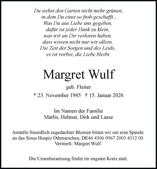 Traueranzeige von Margret Wulf von Hamburger Abendblatt