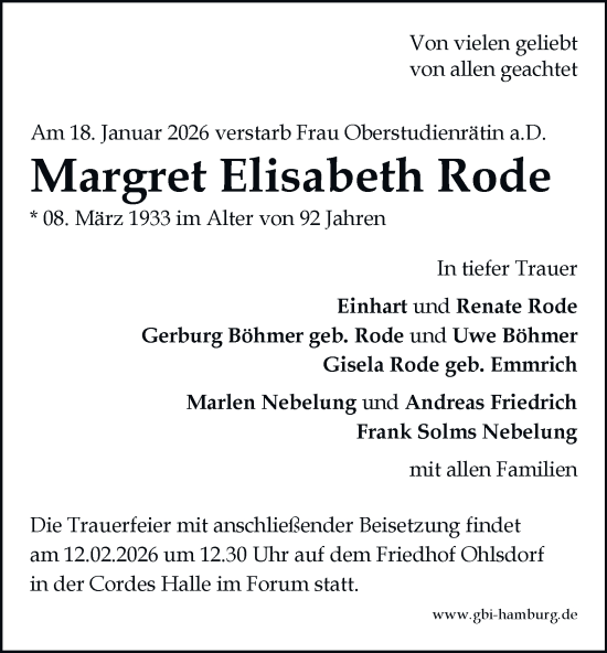 Traueranzeige von Margret Elisabeth Rode von Hamburger Abendblatt