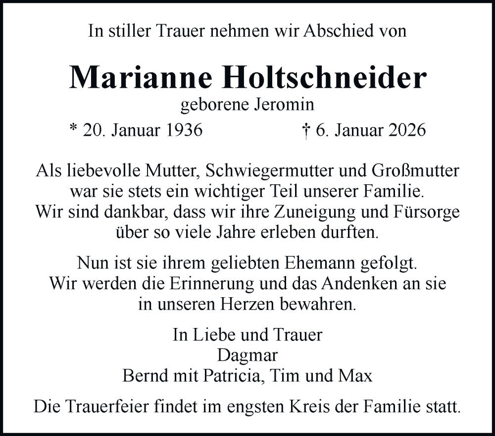  Traueranzeige für Marianne Holtschneider vom 24.01.2026 aus Hamburger Abendblatt