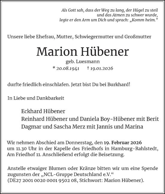 Traueranzeige von Marion Hübener von Hamburger Abendblatt