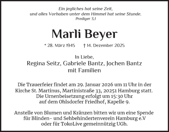 Traueranzeige von Marli Beyer von Hamburger Abendblatt