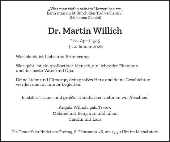 Traueranzeige von Martin Willich von Hamburger Abendblatt