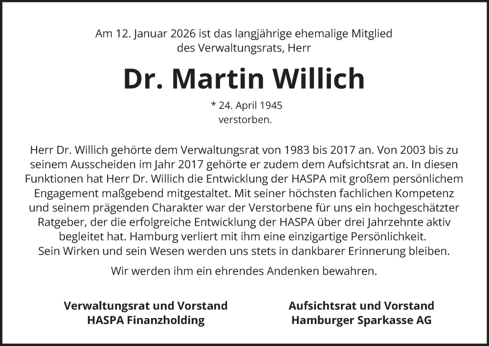  Traueranzeige für Martin Willich vom 17.01.2026 aus Hamburger Abendblatt
