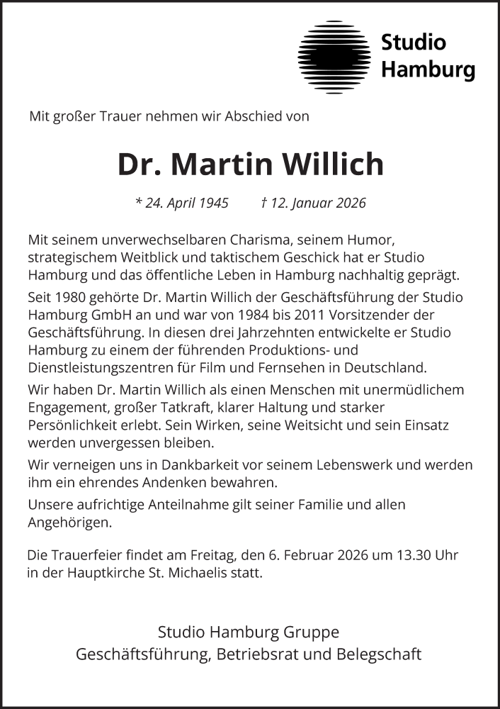  Traueranzeige für Martin Willich vom 17.01.2026 aus Hamburger Abendblatt