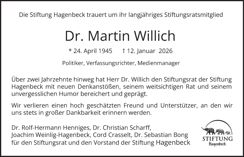  Traueranzeige für Martin Willich vom 24.01.2026 aus Hamburger Abendblatt