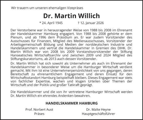 Traueranzeige von Martin Willich von Hamburger Abendblatt