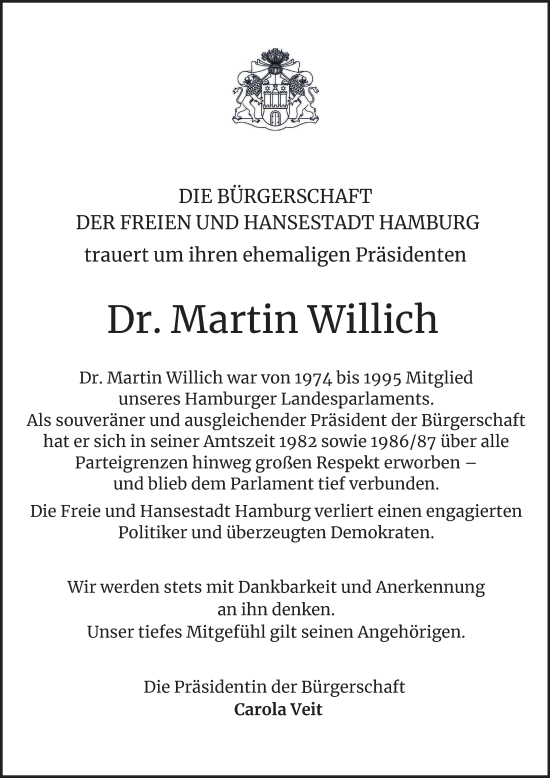 Traueranzeige von Martin Willich von Hamburger Abendblatt