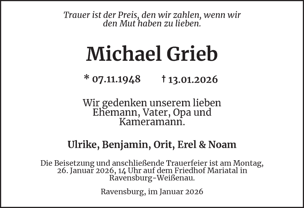  Traueranzeige für Michael Grieb vom 24.01.2026 aus Hamburger Abendblatt