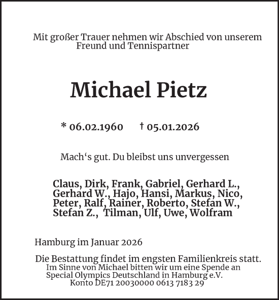 Traueranzeige von Michael Pietz von Hamburger Abendblatt