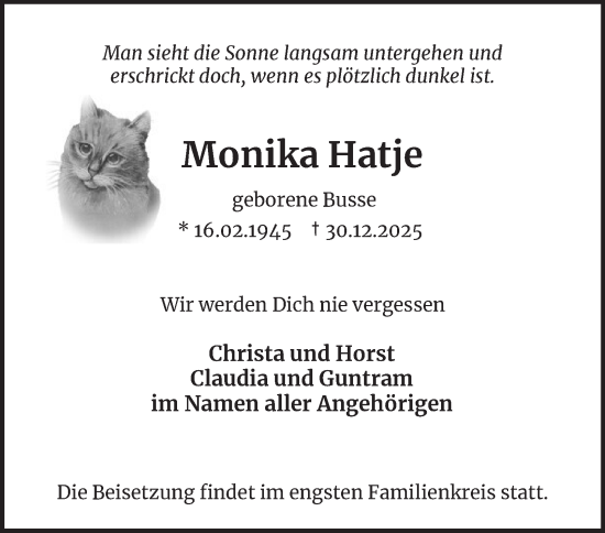 Traueranzeige von Monika Hatje von Hamburger Abendblatt