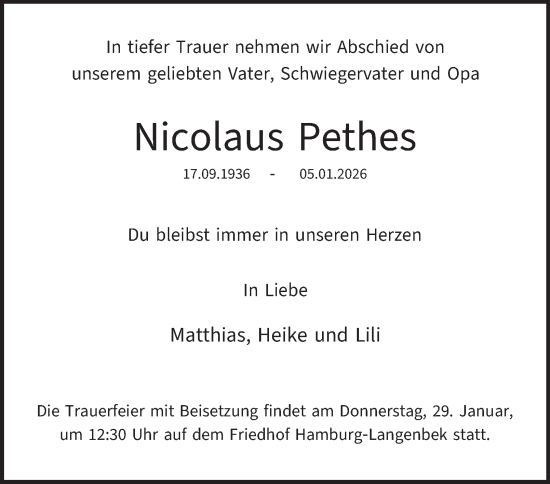 Traueranzeige von Nicolaus Pethes von Hamburger Abendblatt