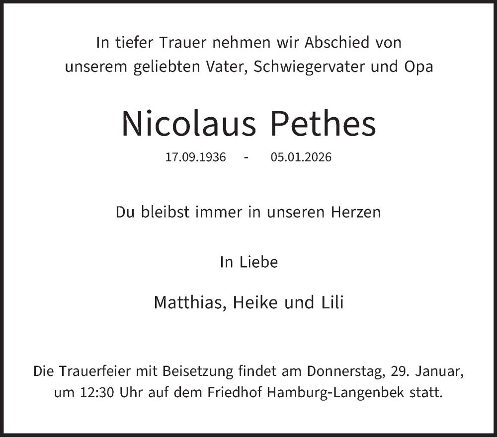  Traueranzeige für Nicolaus Pethes vom 24.01.2026 aus Hamburger Abendblatt