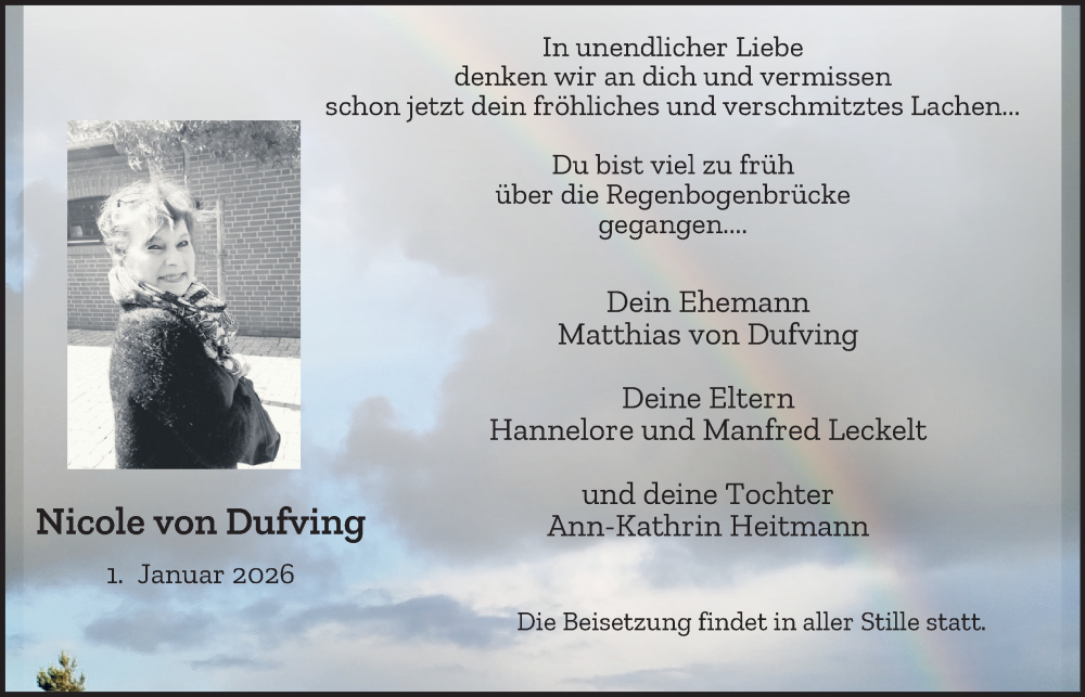  Traueranzeige für Nicole von Dufving vom 17.01.2026 aus 