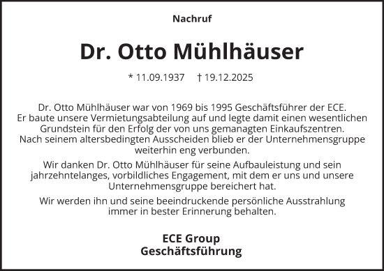 Traueranzeige von Otto Mühlhäuser von Hamburger Abendblatt