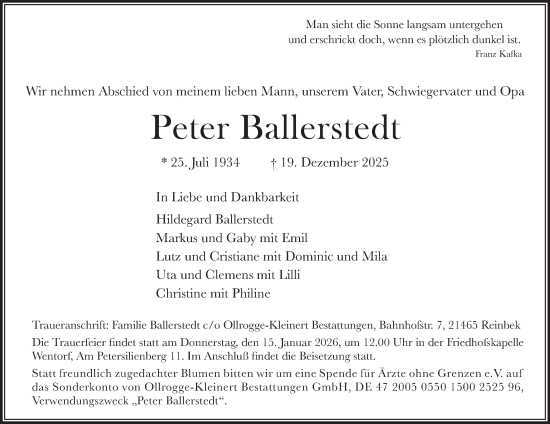 Traueranzeige von Peter Ballerstedt von Bergedorfer Zeitung