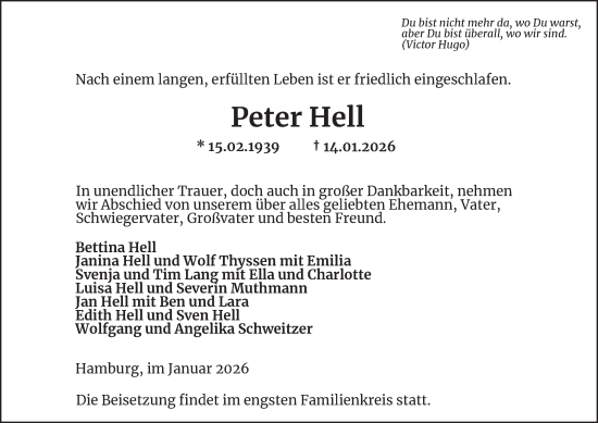 Traueranzeige von Peter Hell von Hamburger Abendblatt