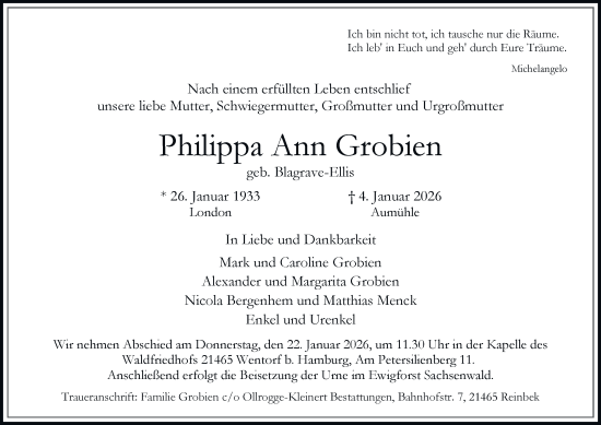 Traueranzeige von Philippa Ann Grobien von Hamburger Abendblatt