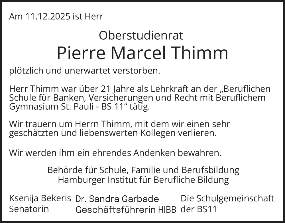  Traueranzeige für Pierre Marcel Thimm vom 17.01.2026 aus Hamburger Abendblatt