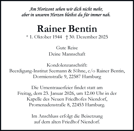 Traueranzeige von Rainer Bentin 