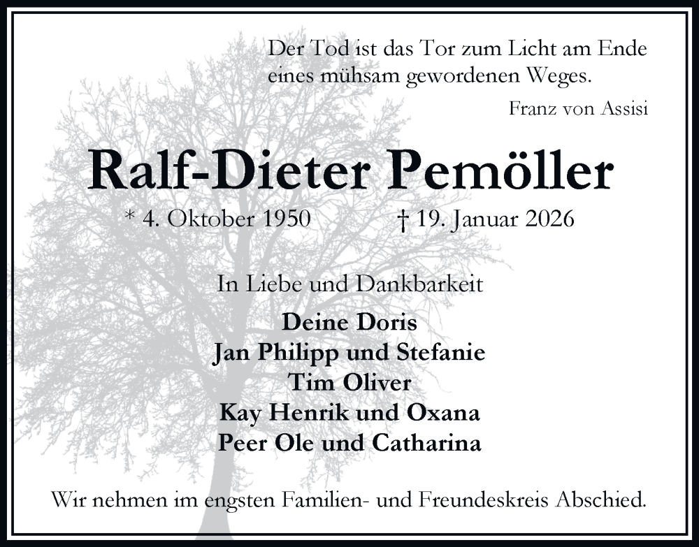  Traueranzeige für Ralf-Dieter Pemöller vom 31.01.2026 aus Bergedorfer Zeitung